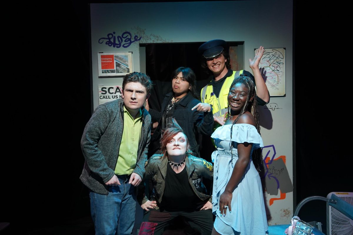 No Exit Grand Opening production cast: Inez played by Ethan Hosking, Estelle played by Lucien Rush, and Garcin played by Zakiya Ruff.