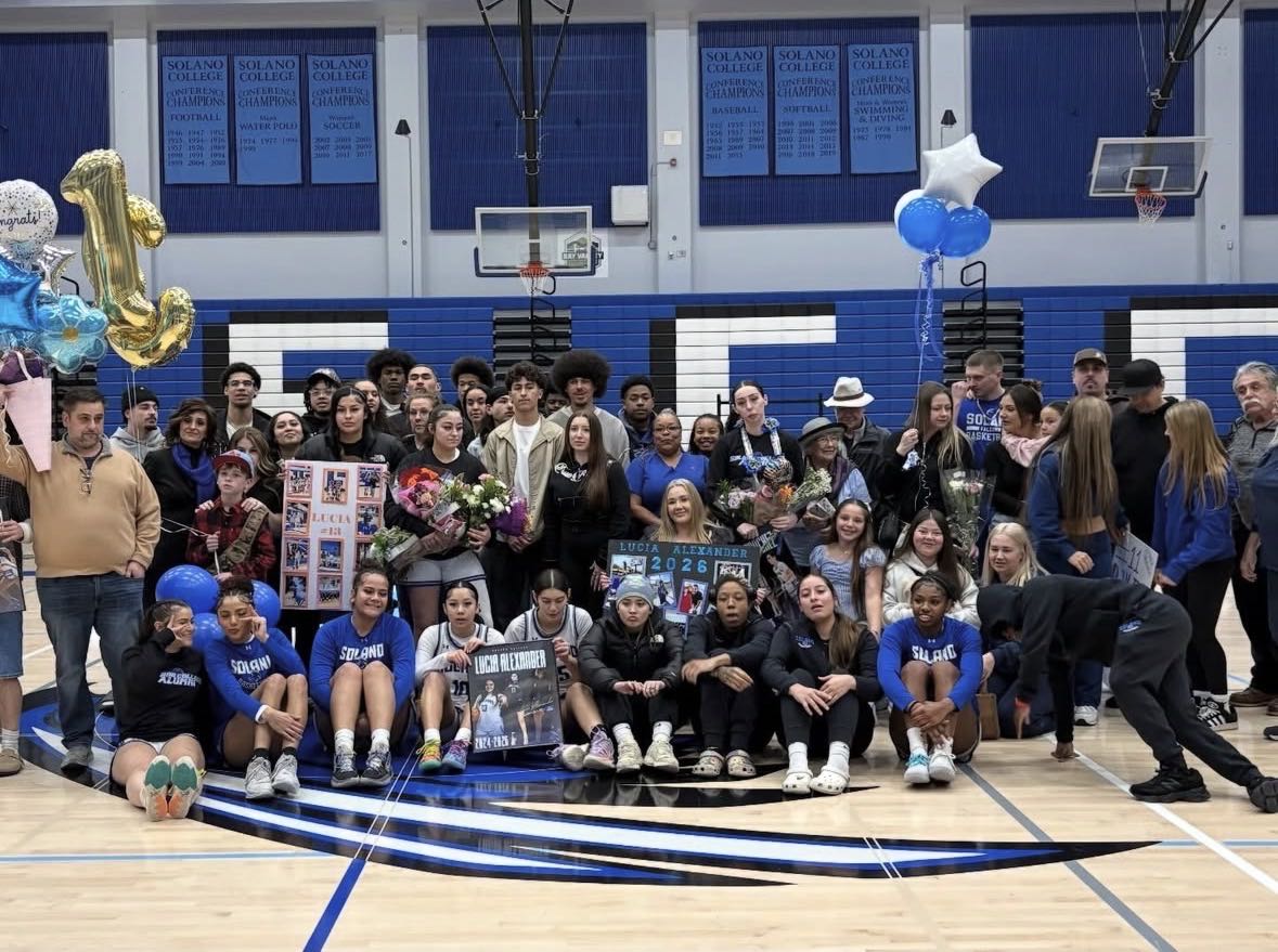 The Solano Women's Basketball team posing at half court before tip-off. Courtesy of @solano_wbb on Instagram Feb. 19, 2026