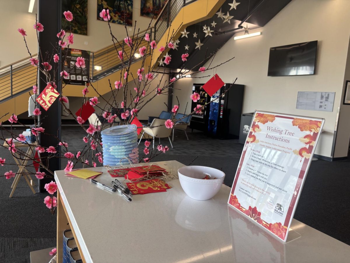 Wishes and affirmations sprout from the limbs of the Wishing Tree located in the Solano library on the Fairfield campus.