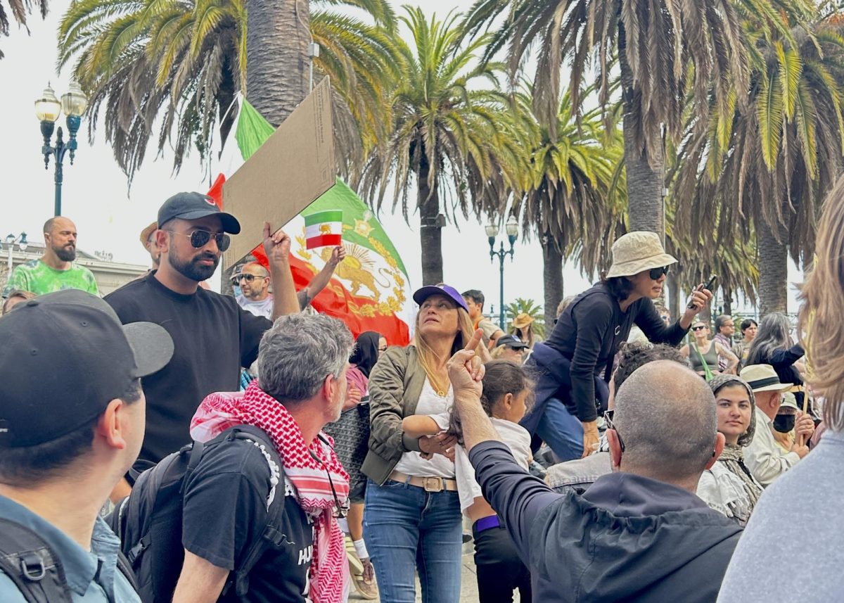 Protestor flipping off the Lion and Sun flag of the pre-Iranian Revolution in 1979, March 7, 2026.