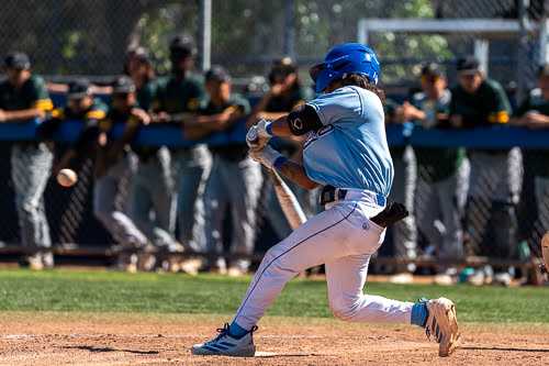 OF Javi Manila swinging at Napa Valley College's pitch towards the end of the game, April 3, 2026.